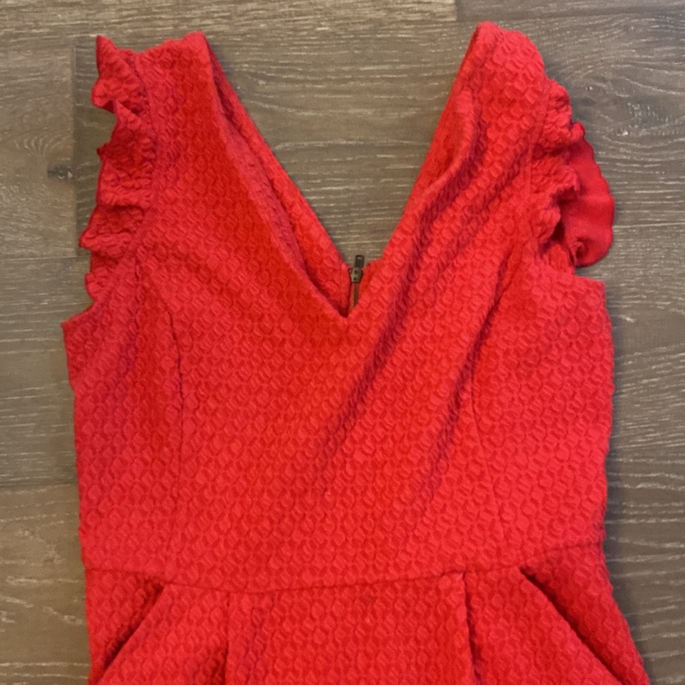 Anthropologie Tabitha Red Waffle Textured Ruffled Sleeve Pockets VNeck Dress 8 M - Picture 2 of 4